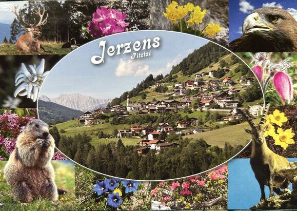 Vorderseite einer Postkarte mit Motiven aus Jerzens in Tirol